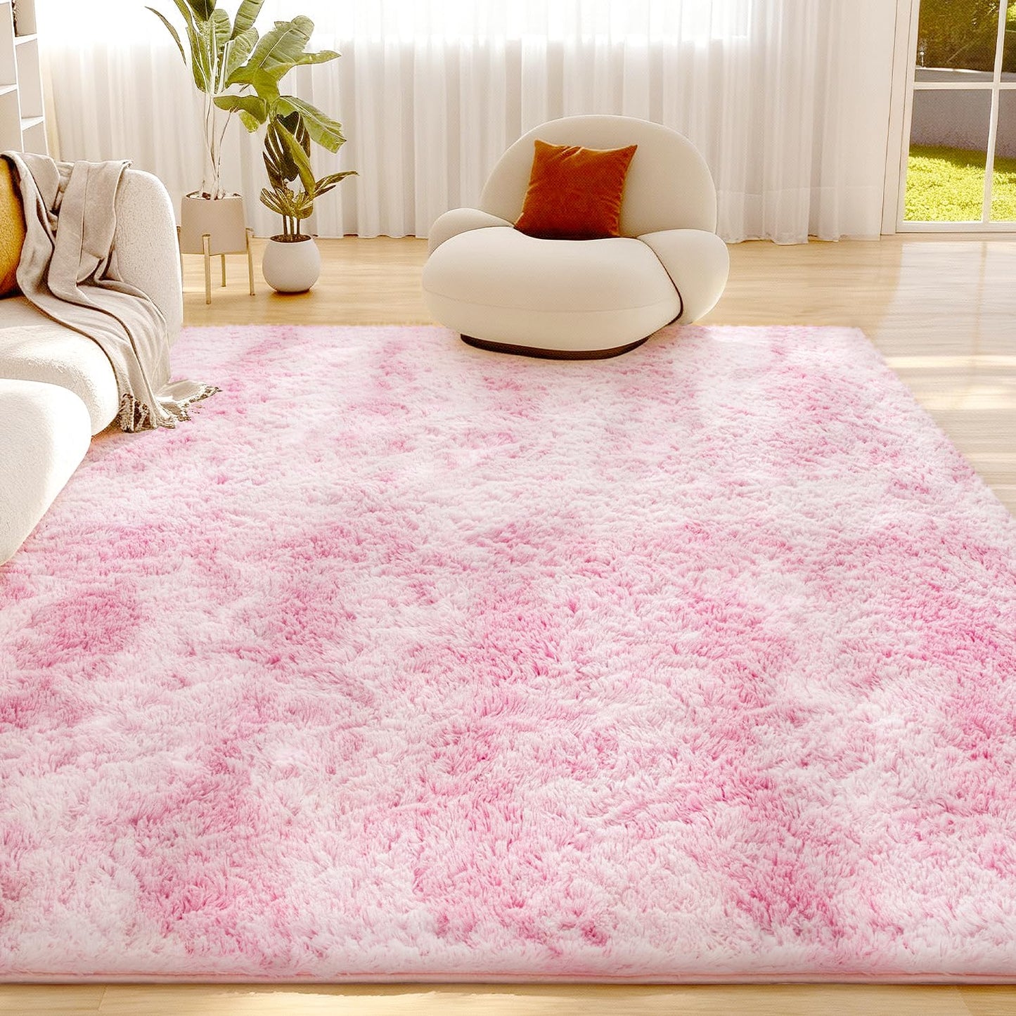 Litanika 3x5 Fluffy Shag Faux Fur Area Rug for Living Room Bedroom, Tie-Dyed Pink High Pile Soft Plush Shaggy Furry Bedside Playroom Dorm Carpet, Non-Slip, Non-Shedding Modern Indoor Floor Rug