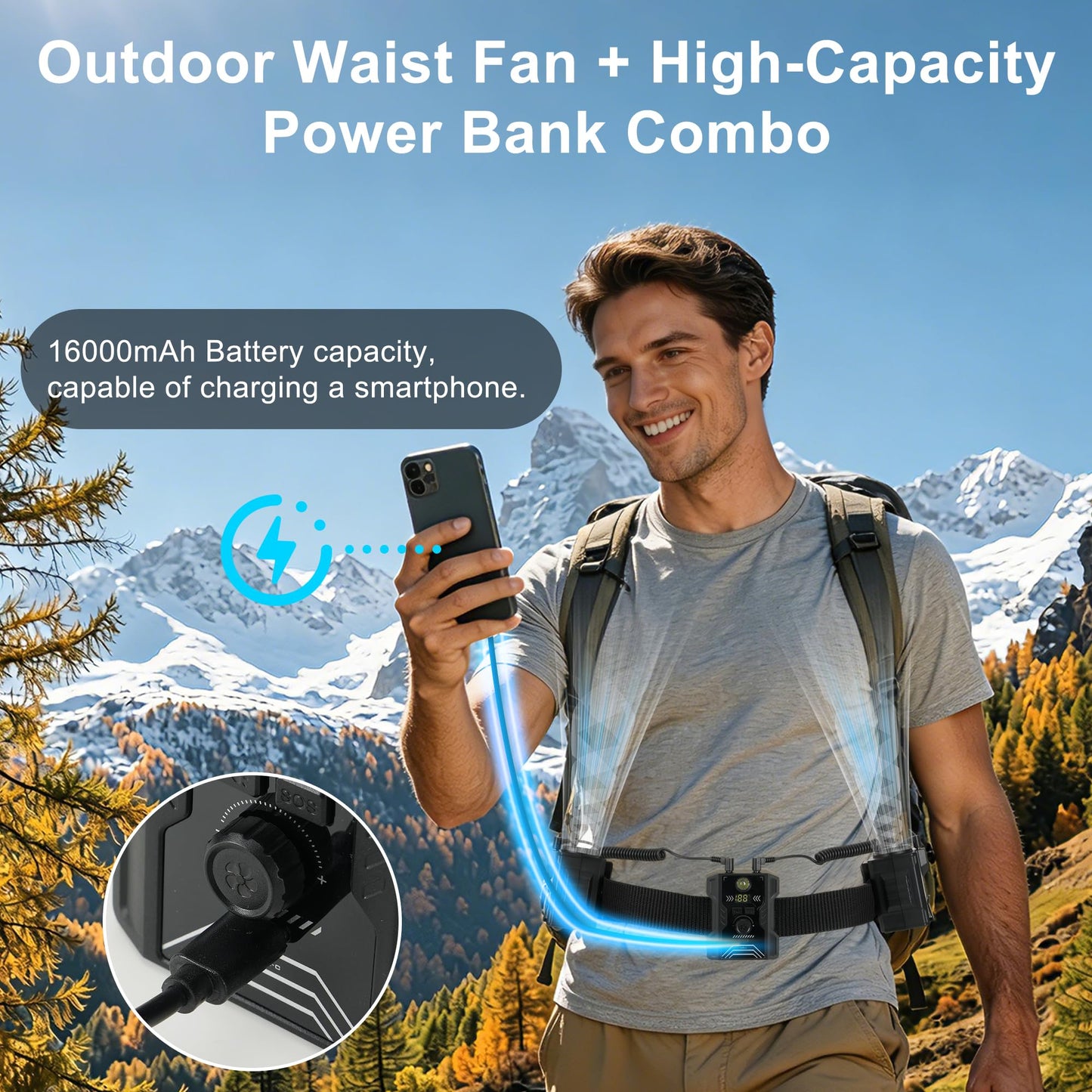 16000mAh Portable Waist Fan 2 Separate Wearable Waist Fans 18000RPM Powerful Belt Fans Rechargeable Battery operated With 100 Speeds for Jobsite Gardening Camping Outdoor work Travel Essentials