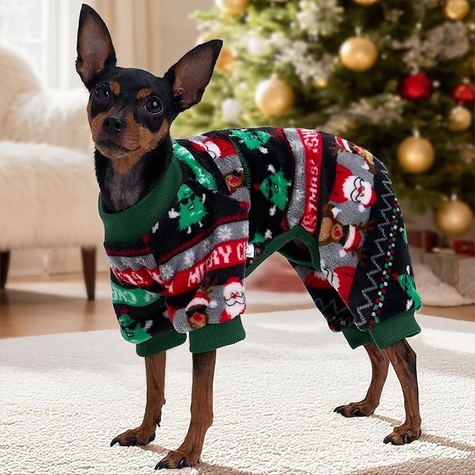 XPUDAC Christmas Dog Pajamas Fleece Dog Sweater Holiday Pet Outfit for Small Medium Dogs Girl Boy Puppy Clothes Onesie, M