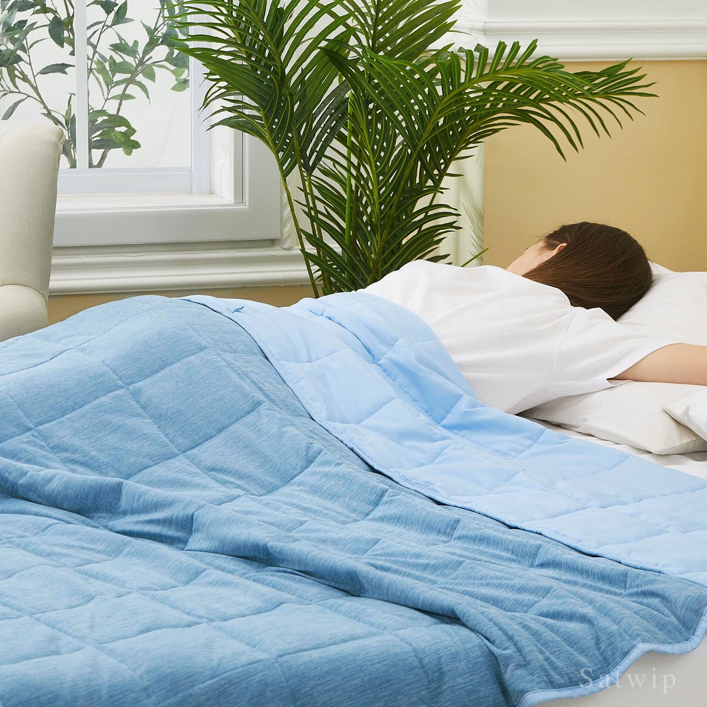 Satwip Cooling Weighted Blanket 15 lbs Cool Moire Jersey Bed Blanket Twin Size for Hot Sleeper with Soft Breathable Sanded, 48 x 72 inches, Blue
