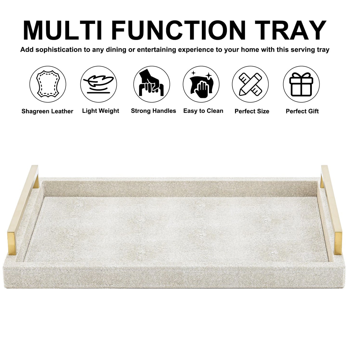 XIGEXIGE Ivory Shagreen Decorative Tray Large Rectangle Coffee Table Tray for Ottoman Faux Leather Serving Tray with Brushed Gold Handles