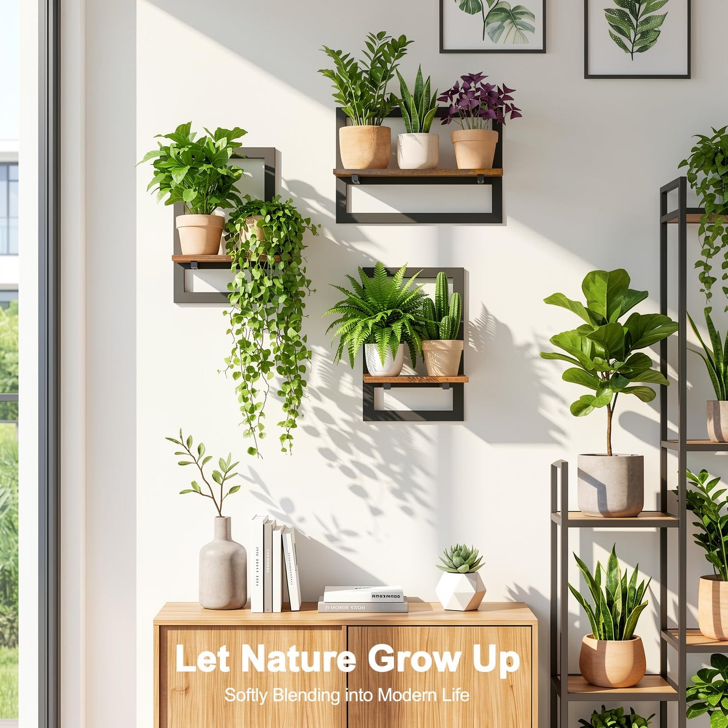 Housolution 3 Pack Wall Plant Holder, Picture Frame Design Plant Shelf, Wall Planters for Indoor Plants, Floating Shelves for Living Room, Bedroom, Kitchen, Office, Bathroom, Rustic Brown