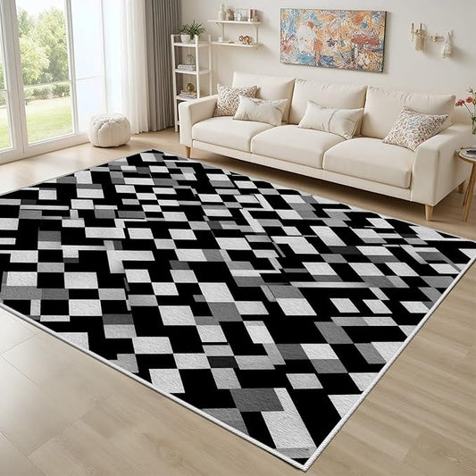 Black White and Grey Rug - Geometric Area Rug, Area Rugs 7x10, Modern Abstract Rugs, Irregular Block Splicing Carpet Washable Non Slip Home Decor Carpet for Living Room