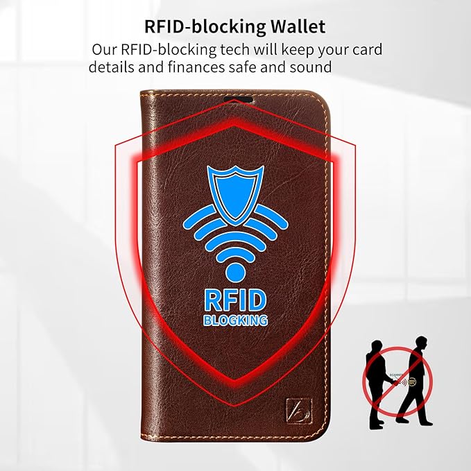 Belemay Leather Wallet Case Compatible with iPhone 17, Premium Cowhide Leather Two-Tone Effect, RFID Blocking Card Holders, Shockproof TPU Shell, Kickstand, Protective Flip Cover, 6.3", Brown