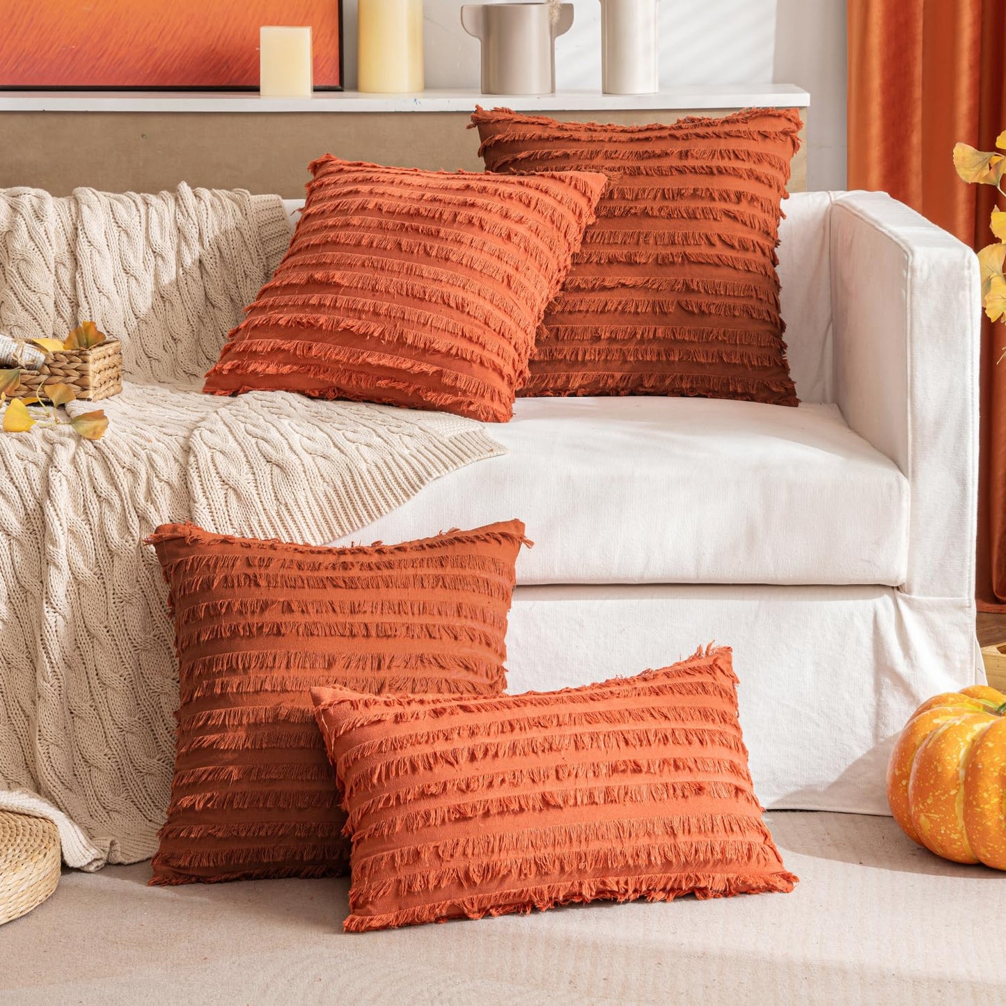 MIULEE Set of 2 Mustard Yellow Throw Pillow Covers Decorative Boho Spring Linen Striped Jacquard Pattern Cushion Covers for Spring Sofa Couch Living Room Bedroom 20x20 Inch