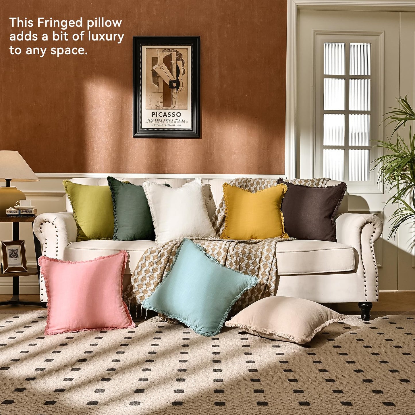 AmHoo Pack of 2 Linen Pillow Covers with Tassels Fringed Decorative Rustic Natural Throw Pillowcase Cushion for Couch Sofa Bedroom 18 x 18-Inch Brown