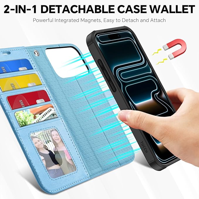 TUCCH Removable Case Wallet for iPhone 17 Pro Max 6.9", Detachable Wrist Strap, Wireless Charging, Stand, 4 Card Holders RFID Blocking, 2-in-1 Magnetic, PU Leather Shockproof Cover, Pearly Light Blue