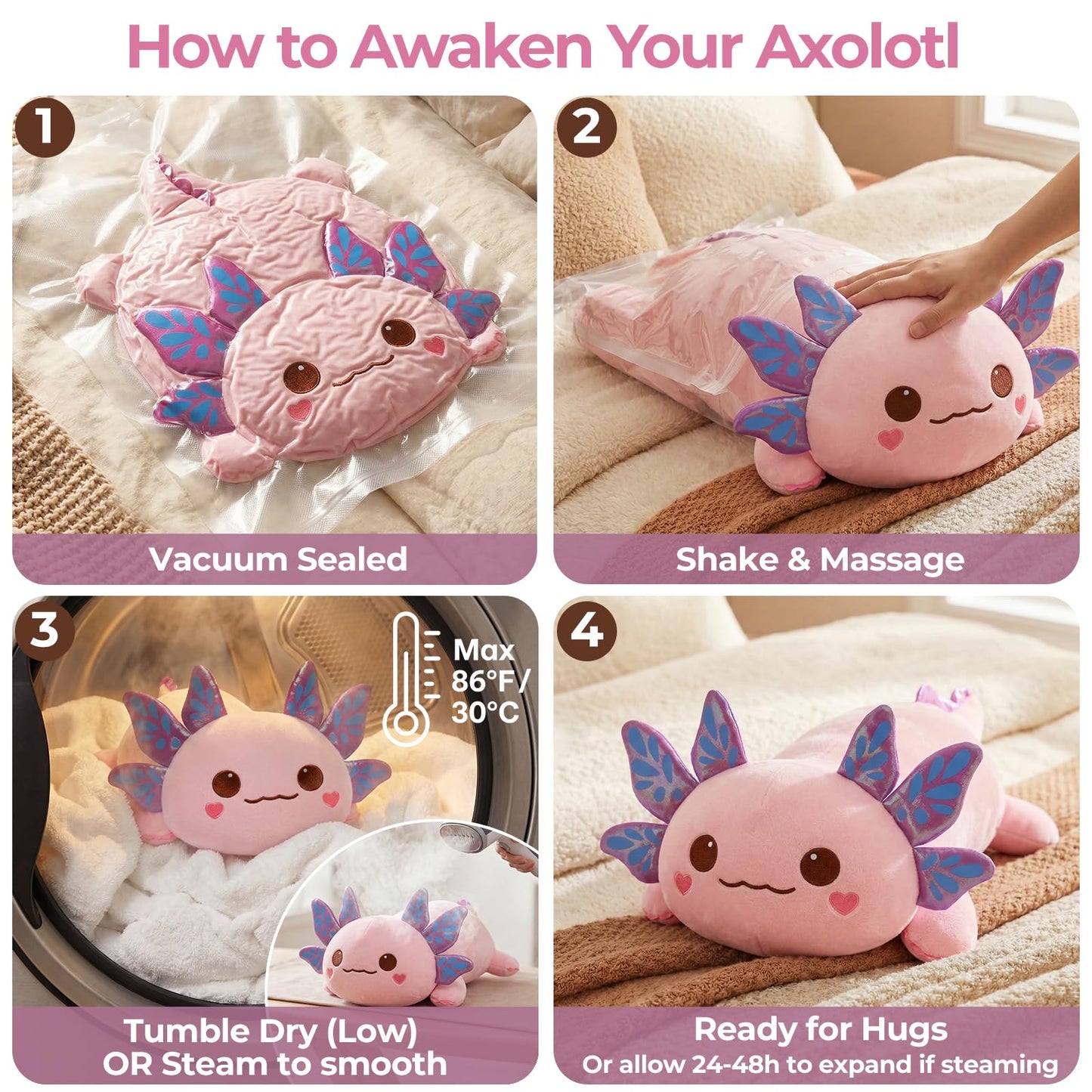 Mewaii Cute Axolotl Plush Pillow, Kawaii Plushies Pink Axolotl Stuffed Animals, Squishy Plushies, Cuddle Plush Pillow for Kids & Girls (13 Inch)