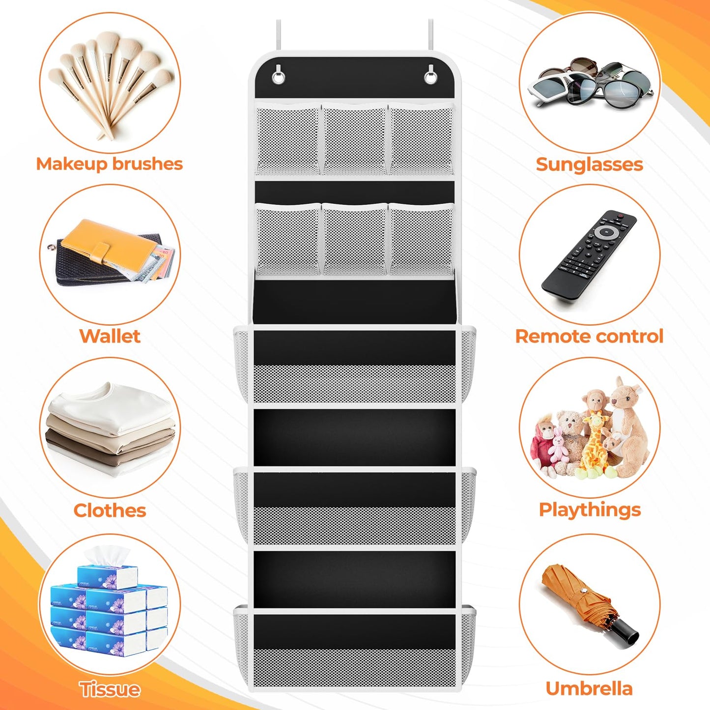 SpaceHacks 5-Tier Over the Door Organizer with Mesh Pockets, Baby Nursery Storage for Closet, Bathroom and Bedroom, Adjustable Hanging Closet Organizer for Cosmetics, Books and Essentials (Black)