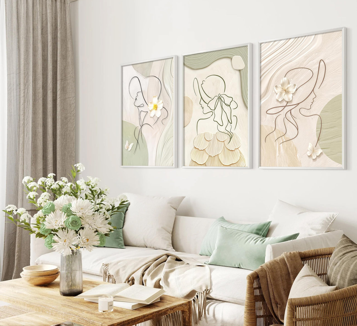 3Pcs Abstract Woman Canvas Wall Art Minimalist Line Beige and Green Girl Picture Wall Decor White Flower Texture Posters Boho Cream Neutral Painting Print Artwork for Living Room Bedroom, Unframed