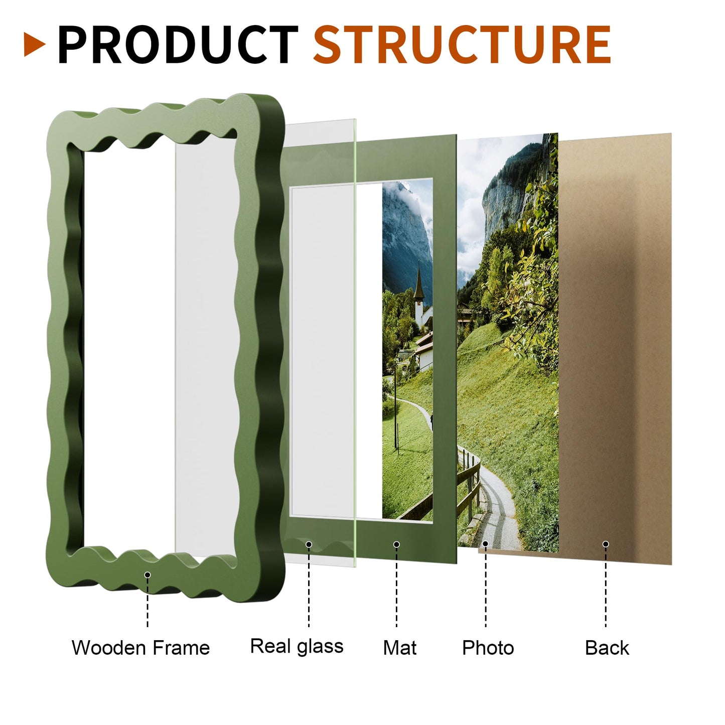 Chrspk 5x7 Wavy Picture Frame With Mat For 4x6, Wavy Edge Wooden Picture Frame with Real Glass - Wall Mount and Tabletop Display, Green, 2 Pack