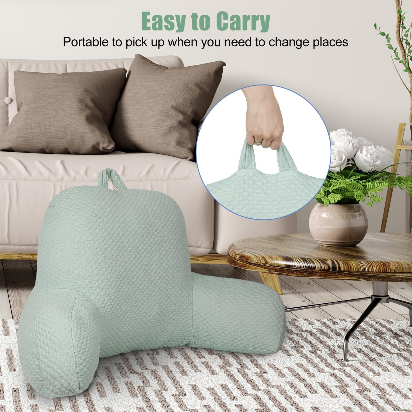 xffzroom Reading Pillow, Ice Silk Bean Back Support Pillow for Bed Sitting Up, Large Bed Rest Pillow with Arms for Adults,Back Support for Couch and Chair, Green