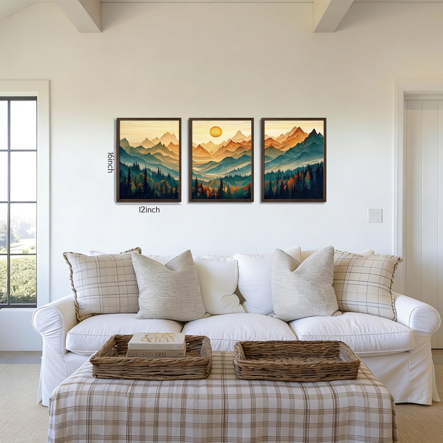 Framed Boho Wall Art Set of 3, Boho Wall Decor, Sunrise Mountain Canvas Prints for Living Room Decor, Large Forest Landscape Painting in Wood Frame, Pine Trees Picture for Bedroom Office 12x16 inch