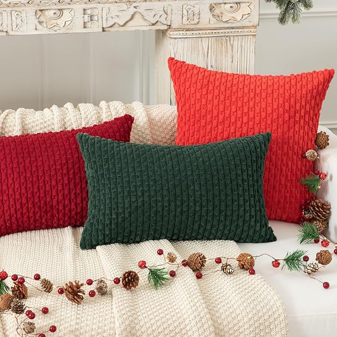 Kevin Textile Christmas Decorative Pillow Covers Set of 2 Striped Plush Corduroy Pillows Pillowcases Boho Home Decor Cushion Covers for Couch Sofa Bed Living Room 26x26 Inch, Army Green