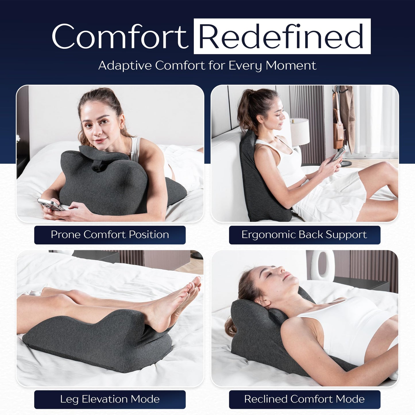DCUSH Ergonomic Contoured Memory Foam Pillow with Removable Headrest, 27° Angled Support for Neck and Waist, Massages, Reading, Relaxing & Leg Elevation, Removable Washable Cover