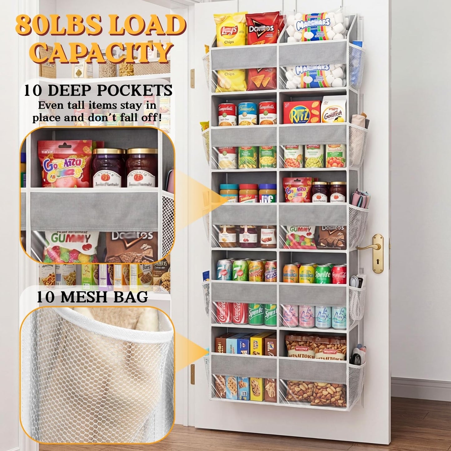Over The Door Organizer, 5-Tier Extra Large Behind Door Storage with 10 Big Front & 10 Mesh Pockets, 80lb Capacity, Hanging Storage Organizer with Clear Window Kids Toys, Shoes, Diapers, Light Grey