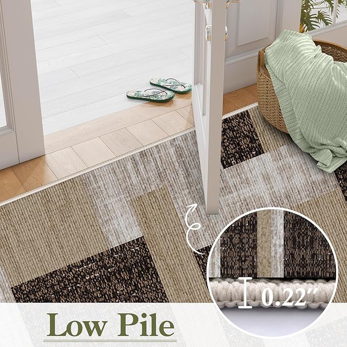 Modern Geometric Patchwork Long Hallway Rug Runners, 1.3x7ft, Neutral Brown Geometry Aesthetic Entrance Carpet, Absorbent Washable Foldable No Crease High Traffic Mat for Laundryroom