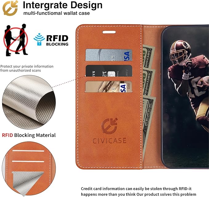 CIVICASE for iPhone 17 Air Wallet Case,PU Leather Flip Case RFID Blocking Credit Card Holder Folio Magnetic Stand TPU Shockproof Cover Compatible with iPhone 17 Air, Brown