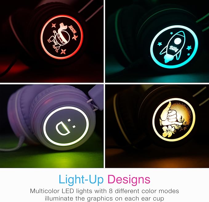 MEE audio KidJamz KJ55 Personalized USB-C Safe Listening Wired Headphones for Kids with Custom LED-Backlit Design, Volume Limiter, & Microphone for iPhone 15, iPad, & USB Type C Devices (Black)