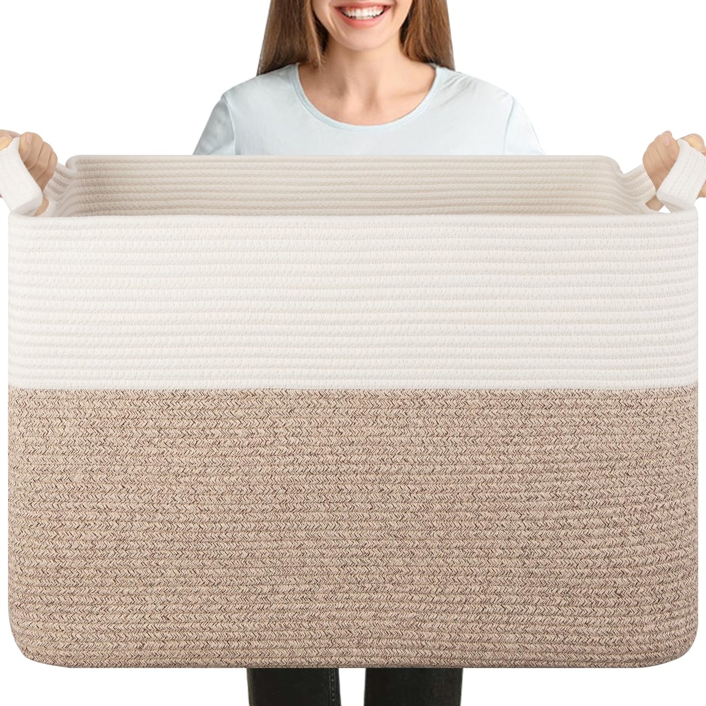 OIASKET 108L Cotton Rope Storage Basket for Living Room and Bedroom 25"x16"x16" Woven Laundry Basket, Heavy Duty Bin for Blankets, Pillows & Toys, Pet-Safe & Scratch-Free, Brown and White