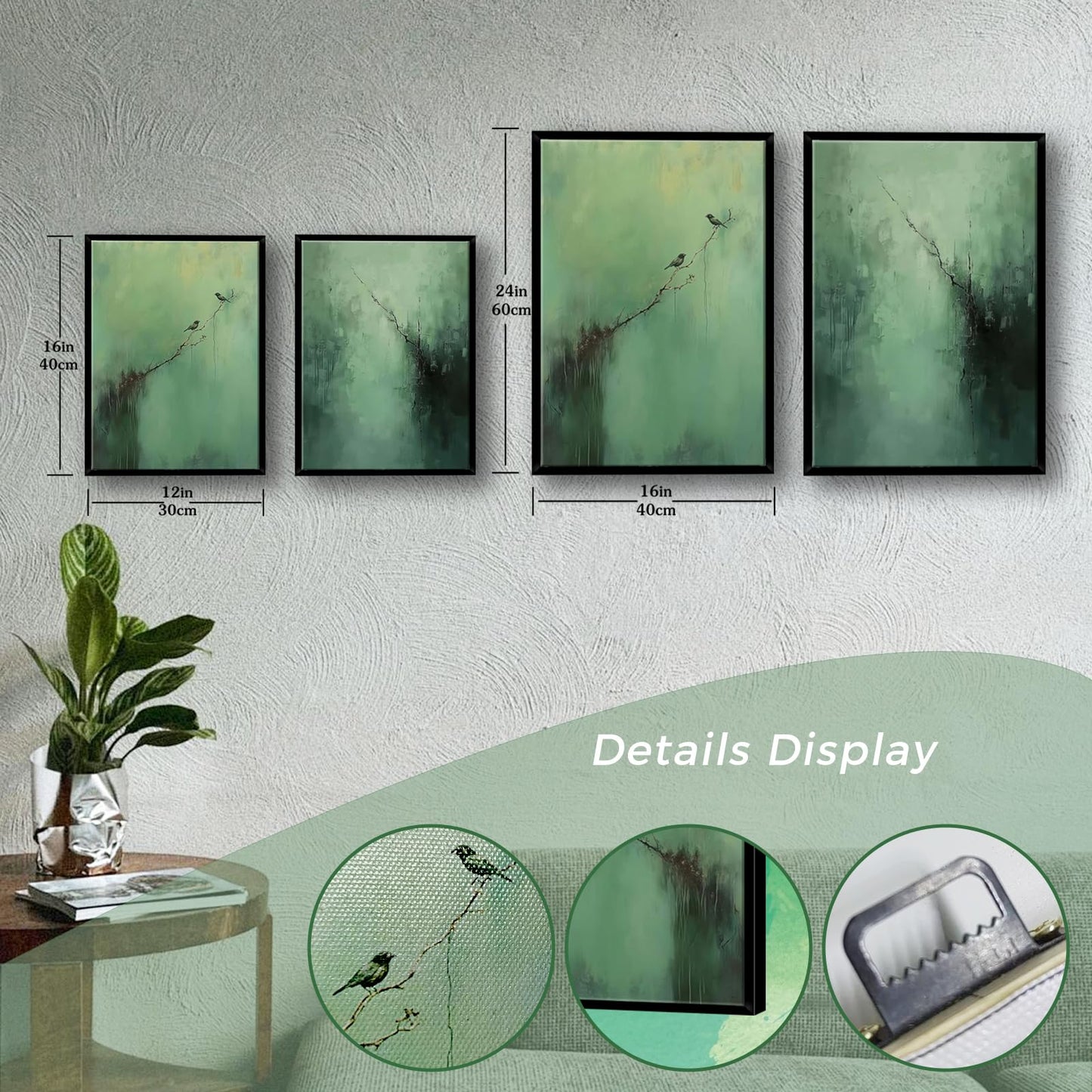 Abstract Dark Green Canvas Wall Art Modern Texture Painting with Wood Frame Wabi Sabi Zen Poster Minimalist Birds Picture Print Living Room Bedroom Office Ready To Hang 12x16 Inch