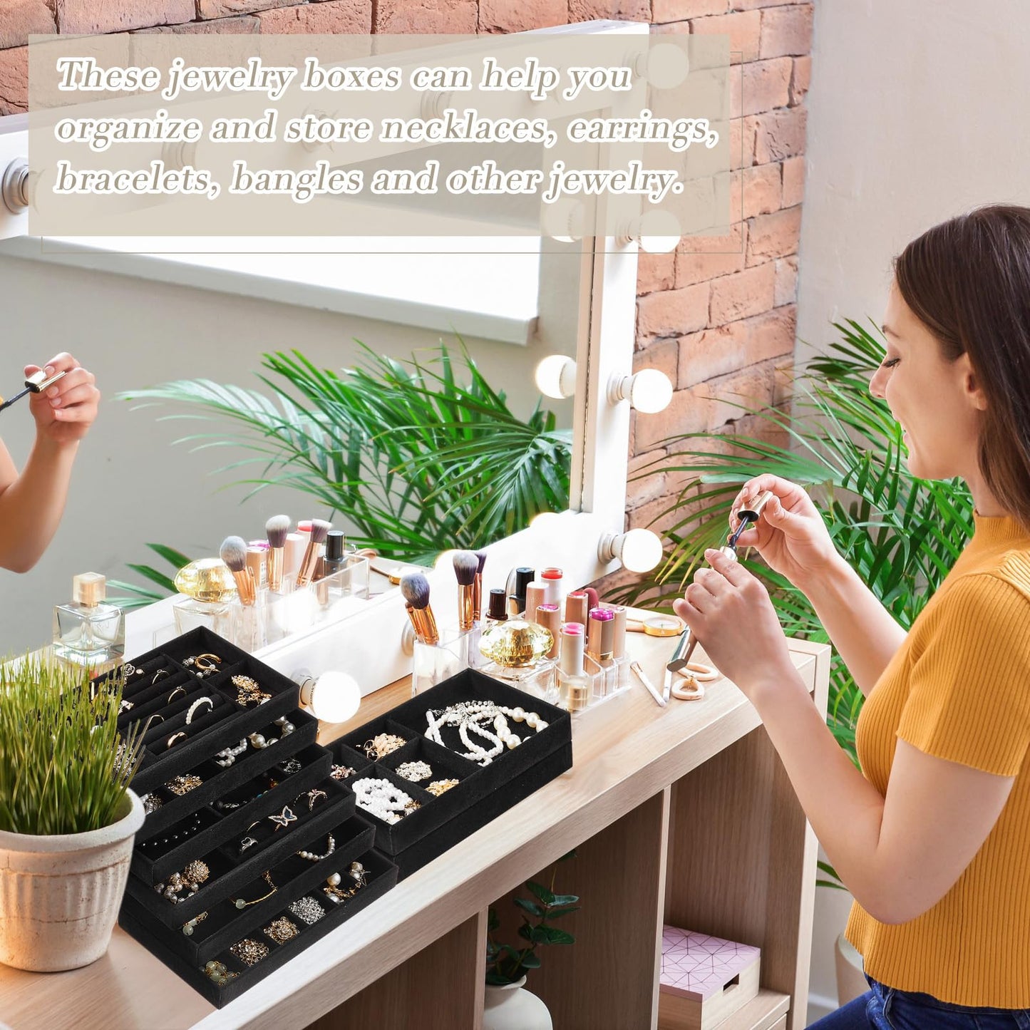 Junkin 18 Pcs Velvet Jewelry Tray, Stackable Jewelry Organizer Trays for Drawer, Jewellery Box Divided Display Tray, Jewelry Inserts for Drawer for Rings Earring Bangle Necklaces(Black)