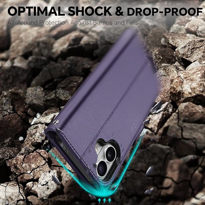 TUCCH 2-in-1 Removable Wallet Case for iPhone 17 (6.3-inch) 2025, Wireless Charging | RFID Blocking 4 Card Holders | Wrist Strap | Kickstand | Magnetic | PU Leather Protective Cover | Deep Purple
