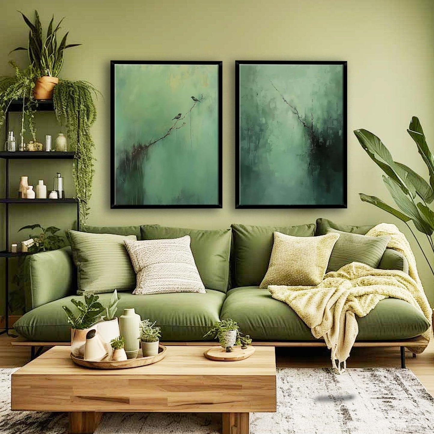 Abstract Dark Green Canvas Wall Art Modern Texture Painting with Wood Frame Wabi Sabi Zen Poster Minimalist Birds Picture Print Living Room Bedroom Office Ready To Hang 12x16 Inch