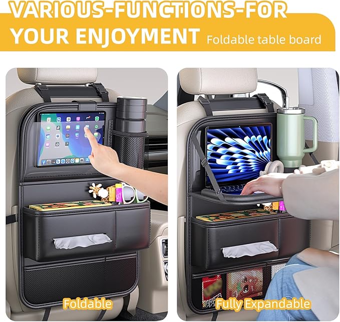 Donpeshe 2pcs Leather Foldable Backseat Organizer with Tray for Cars - Portable Kids Car Tray Table, Travel Food Desk & Waterproof Storage