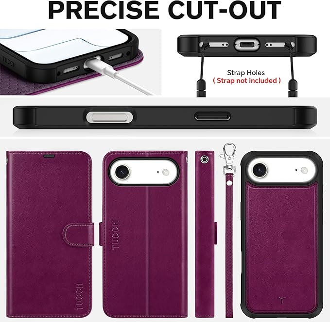 TUCCH Detachable Case Wallet for iPhone Air (6.5") 2025, Wrist Strap | 4 Card Slots RFID Blocking | Wireless Charging | Stand | 2-in-1 Magnetic | PU Leather | Shockproof Folio Cover | Plum Purple