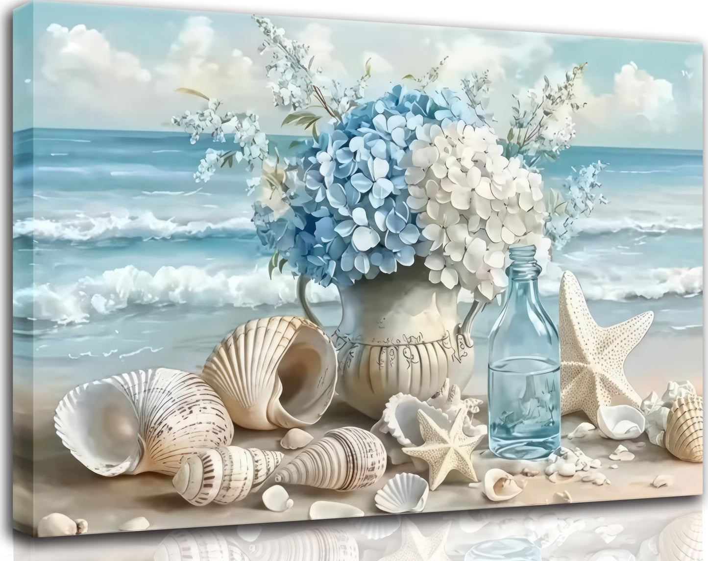 Blue Ocean Beach Wall Art Coastal Bathroom Poster Print Sea Vase Canvas Wall Decor Seaside Seashell Painting Picture for Bathroom Bedroom Living Room Kitchen Office Framed