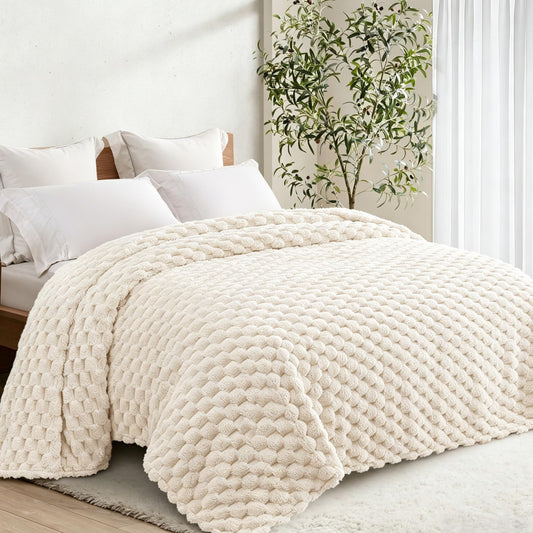 Whale Flotilla Fleece Queen Size Bed Blankets, Luxury Super Soft Lightweight Breathable Summer Bedspread Coverlet, 3D Jacquard Cozy Fluffy Plush Decorative Blanket for Bed, 90x90 Inch, Ivory