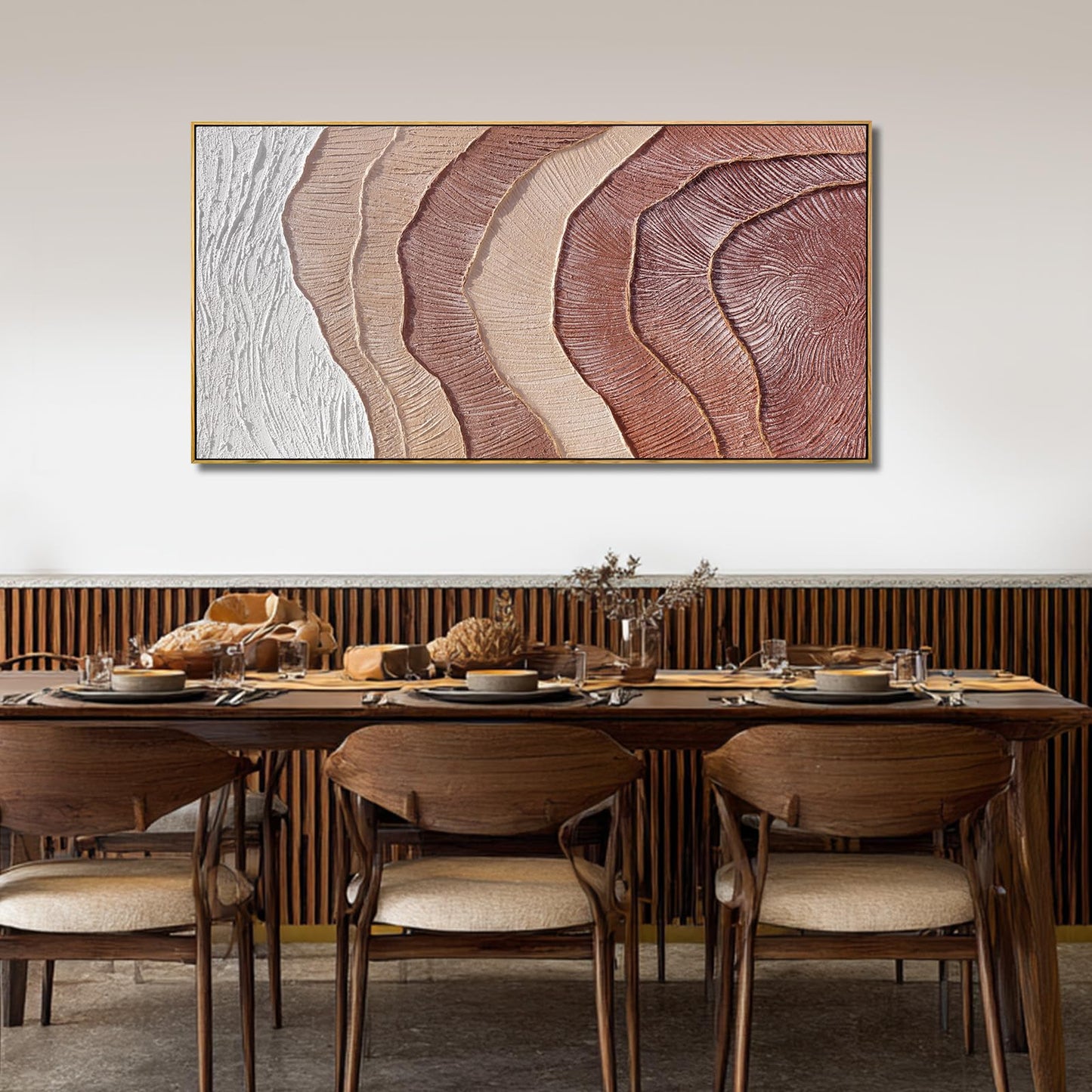 Framed Abstract Wall Art, Hand-Painted Beige Brown Textured Oil Painting on Canvas, Modern Neutral Wall Decor for Living Room Bedroom Office, 29x58 Inch
