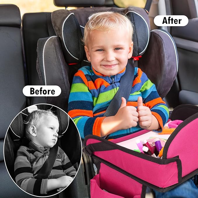 WENRENER Kids Travel Tray for Airplane - Toddler Car Seat Table Tray, Road Trip Essentials for Boys & Girls, Carseat Lap Desk for Kids Road Trip Activities (Pink-2PCS)