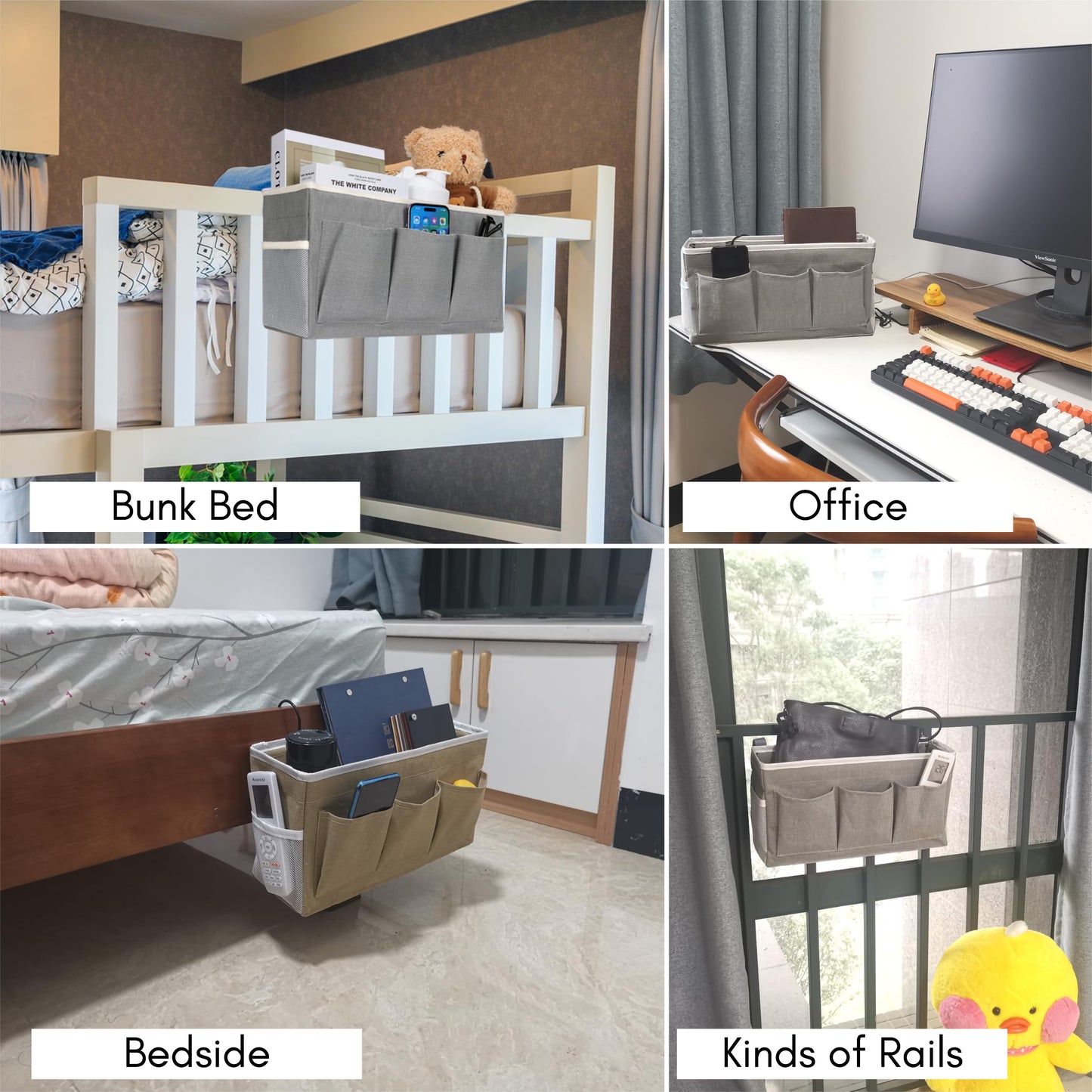 Kanrichu Bedside Caddy Hanging Storage Bag, Organizer Baskets with Pockets for Bunk Bed Accessories, Loft & Dorm Rooms Chair Bed Rails (Gray)