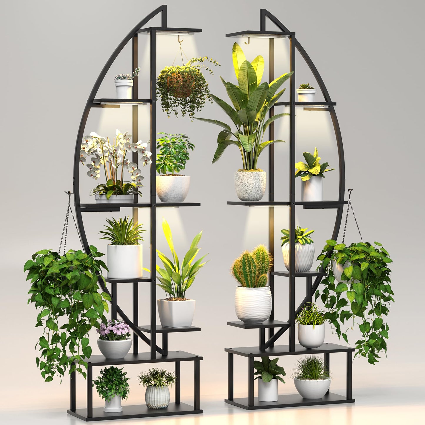 BLAZPATH Plant Stand Shelf Indoor with 6 Grow Light, 7 Tiered 65" Tall Black Large Half Moon Lighted Plant Rack Holder, 2 Pack Big High Circular Arch Multi Herb Stand with Built in LED Grow Light Set
