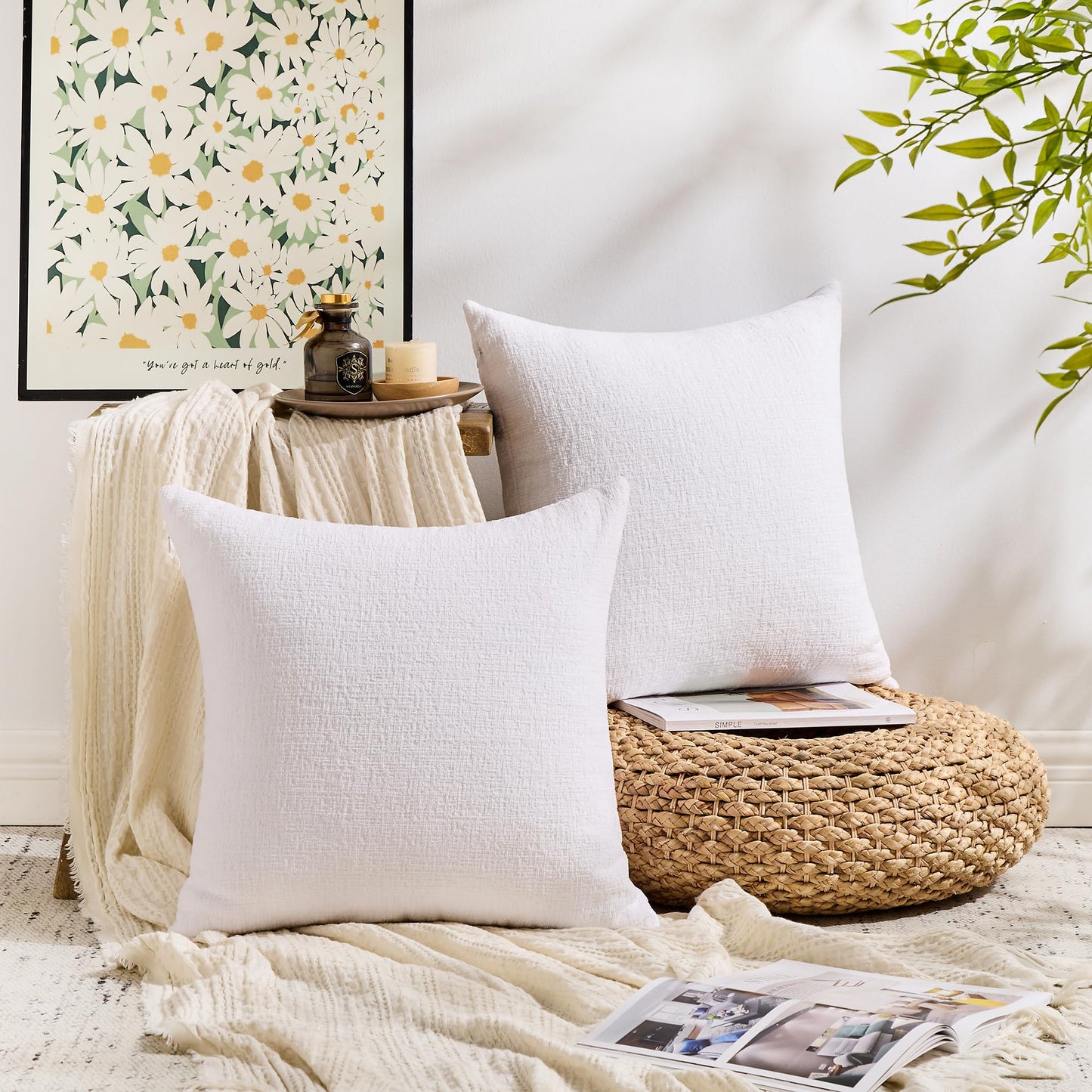 GAWAMAY Set of 2 Soft Textured Chenille Throw Pillow Covers 18x18 Inch (45x45 CM), Decorative Pillowcases Cushion Covers for Farmhouse Home Decor, Couch Living Room Sofa Bedroom Chair, Bright White
