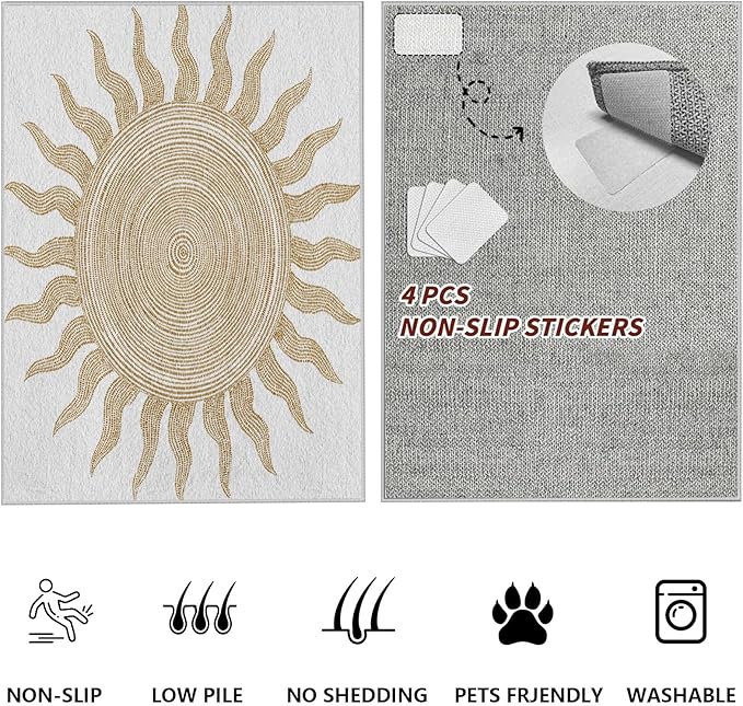 Boho Washable Rugs for Bedroom 5x7, Modern Sun Print Soft Minimalism Area Rug, Non Slip Low Pile Abstract Carpet for Classroom Living Room Decor Dining Room Sofa Kids Nursery Room, Beige Yellow
