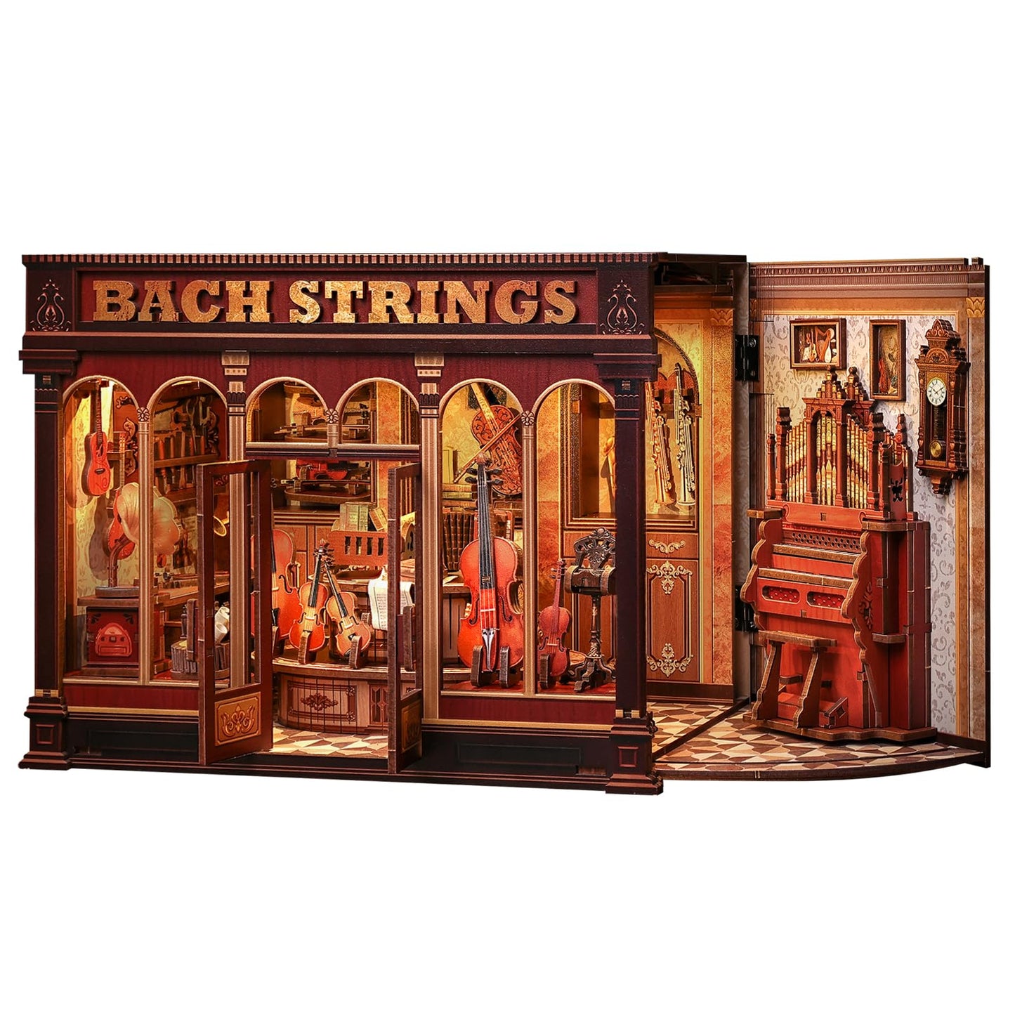Book Nook Kit for Adults, DIY Miniature Dollhouse Kit，3D Wooden Puzzle Booknook with LED Lights, Decorative Bookends Desktop Bookshelf Home Decor, Craft Gifts for Family and Friends (Bach Strings)