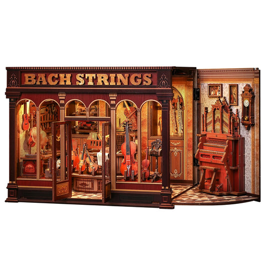 Book Nook Kit for Adults, DIY Miniature Dollhouse Kit，3D Wooden Puzzle Booknook with LED Lights, Decorative Bookends Desktop Bookshelf Home Decor, Craft Gifts for Family and Friends (Bach Strings)