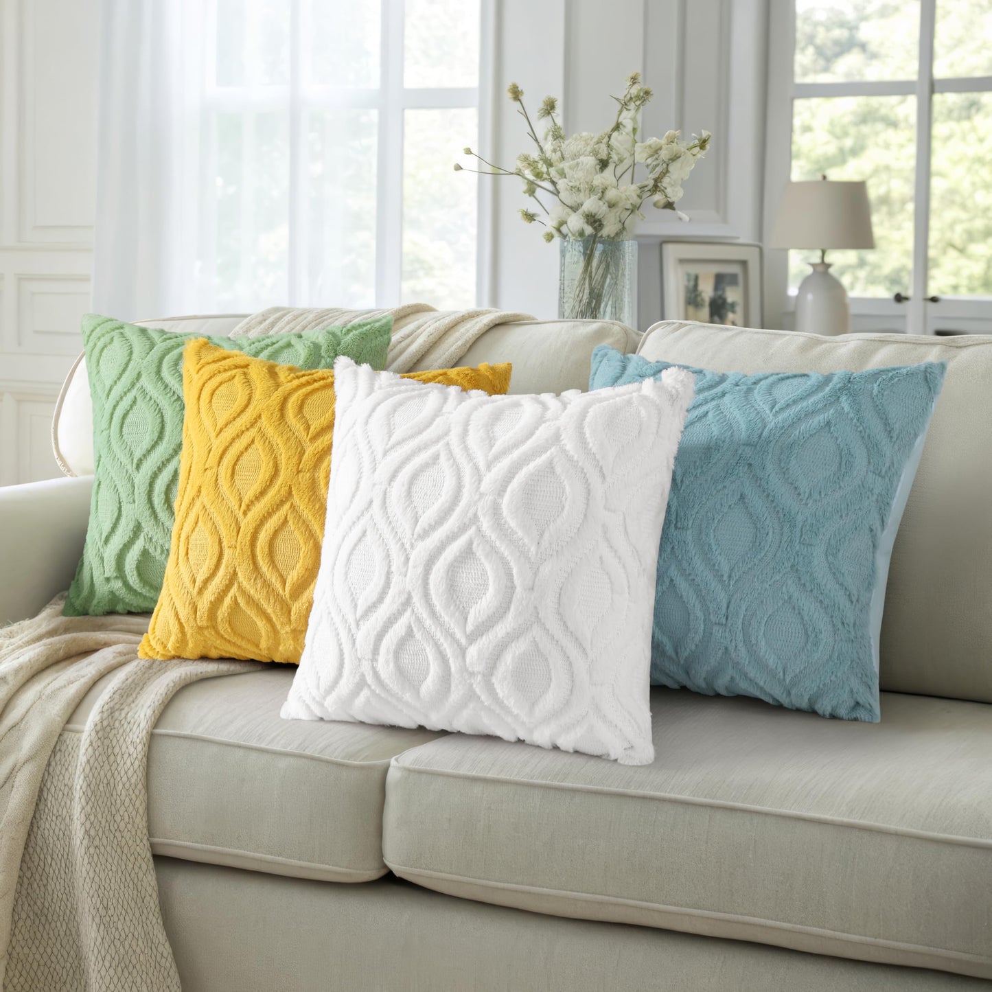 decorUhome Throw Pillow Covers 24x24 Inch Set of 2, Soft Plush Faux Wool White Solid Couch Pillow Covers, Accent Euro Sham Farmhouse Neutral Square Pillow Cases for Sofa Bed Living Room