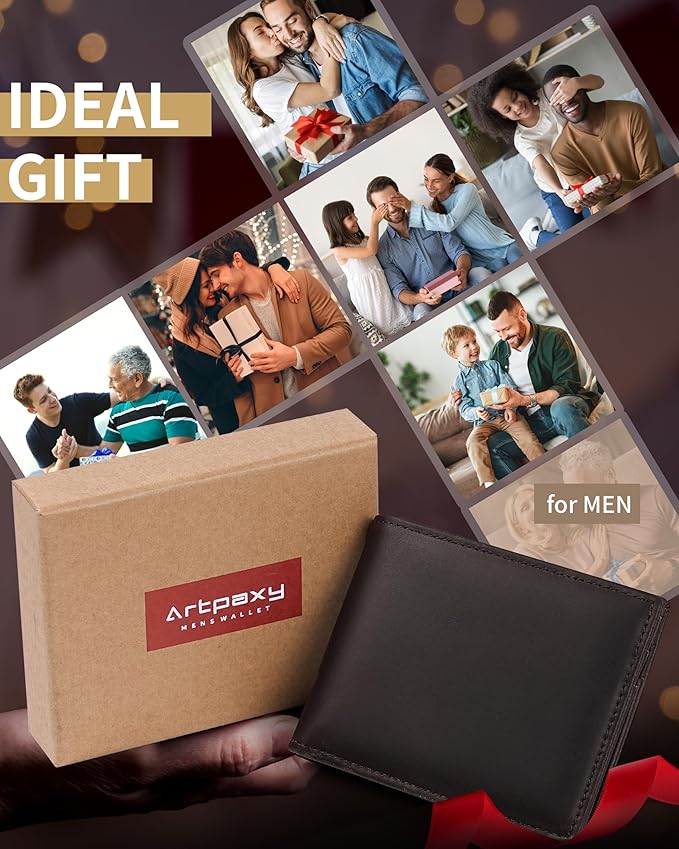 Artpaxy Mens Wallet Bifold Genuine Leather RFID Blocking Wallet for Men with 2 ID Windows 12 Card Holders 2 cash pockets 1 Gift Box