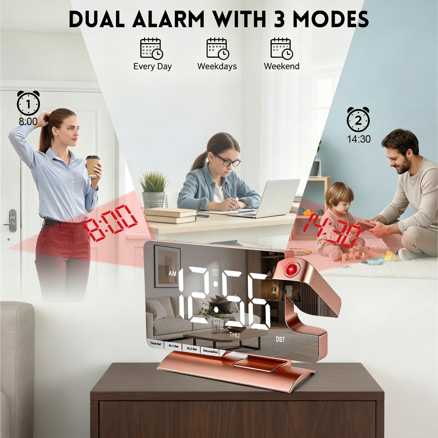 Projection Clock,Alarm Clocks for Bedrooms,7.3"Mirror Bedside Clock with 180°Rotating Projector,6 Brightness Adjust,Dual Alarm with 3 Mode,Date,DST,Charging Port,5 Levels Volume for Home Decor
