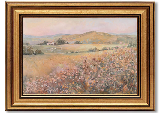 Vintage Gold Framed Wildflower Canvas Wall Art, Pink Flowers Landscape Painting Picture Wall Decor, Natural Mountain Poster Print Artwork for Living Room, Bedroom, Apartment, Home Decoration 9x11in