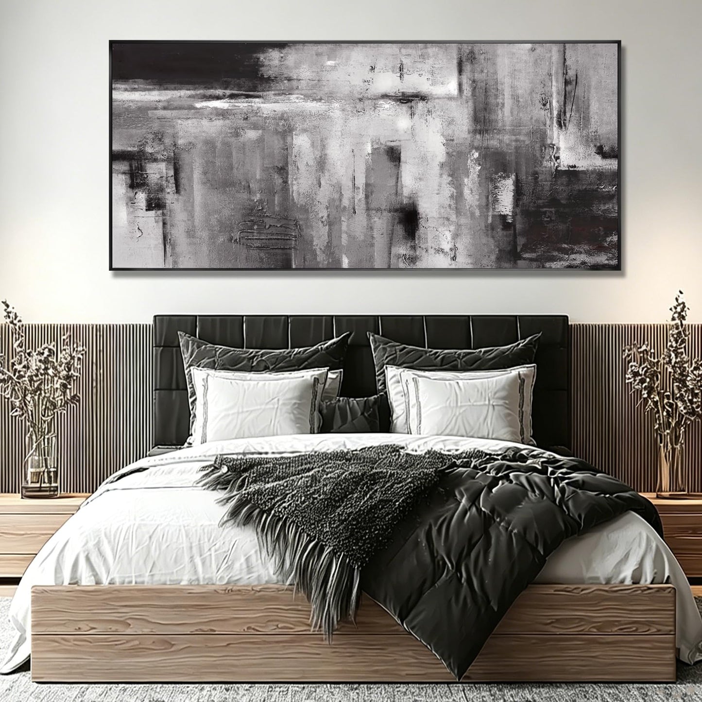 Large Framed Black and Grey Wall Art for Living Room,Neutral Abstract Canvas Wall Decor Modern Canvas Prints for Bedroom Office 32"x70"
