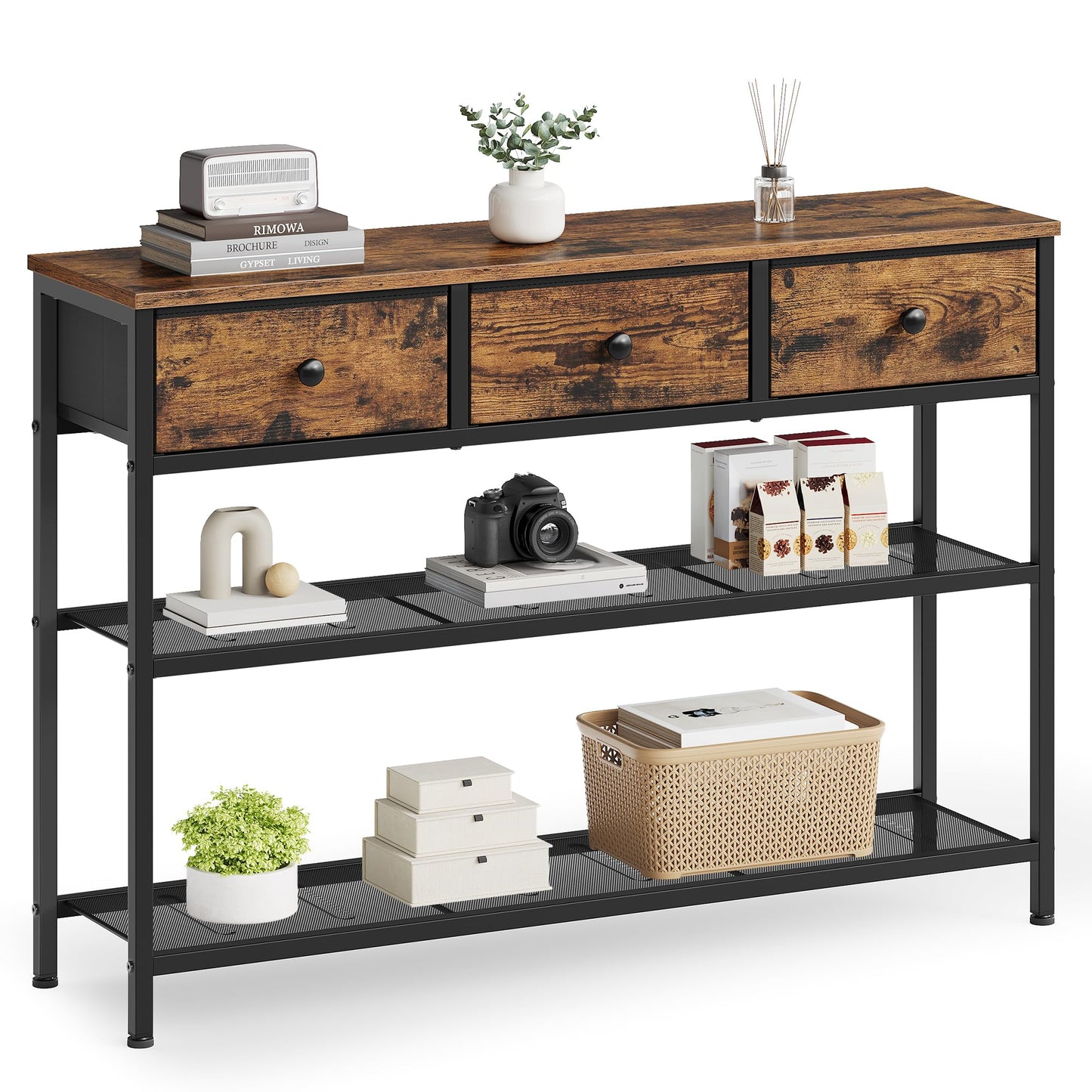 SONGMICS Console Table, Narrow Sofa Table with 2 Mesh Shelves for Entryway, Living Room, 11.8 x 38.9 x 31 Inches, 3 Fabric Drawers, Rustic Brown, BELLAH Collection ULGS098K101