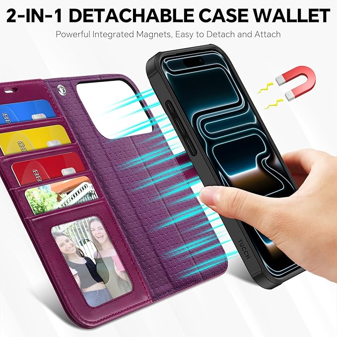 TUCCH Detachable Case Wallet for iPhone 17 Pro (6.3") 2025, Wrist Strap | 4 Card Slots RFID Blocking | Wireless Charging | Stand | 2-in-1 Magnetic | PU Leather | Shockproof Folio Cover | Plum Purple