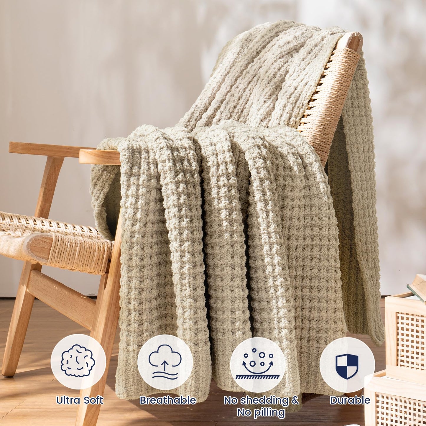 PHF Chenille Waffle Knit Blanket Twin Size- Plush Warm & Cozy 60" x 80" Ultra Soft Blanket- Chunky Fluffy Waffle Bedding for Home Decor - Natural