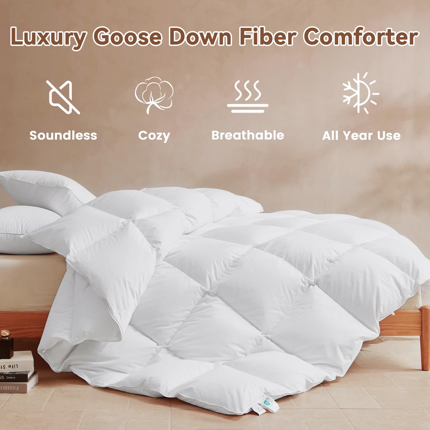 LeWinBedding Goose Feather Down Fiber Comforter Queen Size, All Season Duvet Insert, 750+FP Hotel Bed Comforter, Ultra Soft 100% Organic Cotton Fabric, 90x90 Inches