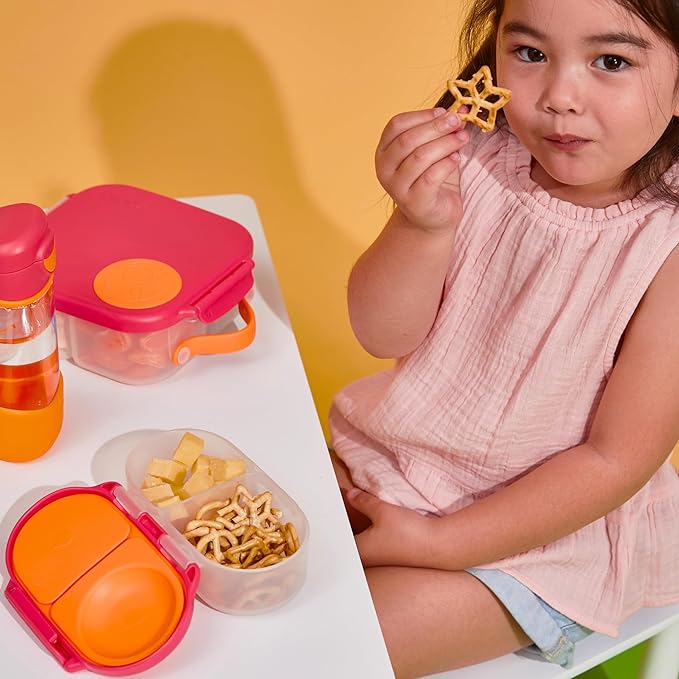 b.box Snack Box - Leakproof Mini Bento Box for Kids & Toddlers, 2 Compartment Snack Containers for Kids, Lunch Containers, Dishwasher Safe, BPA Free, PFAS Free, Ages 4m+, 1 3/4 Cup - Strawberry Shake